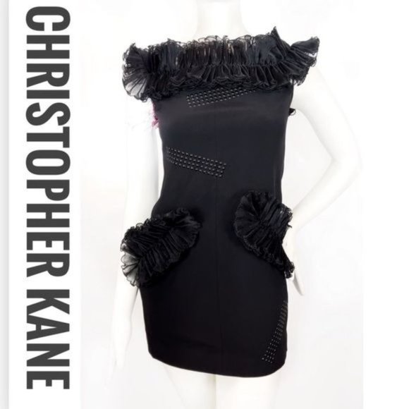 CHRISTOPHER KANE Off-Shoulder Ruffle BLACK Mini Dress - Picture 16 of 16